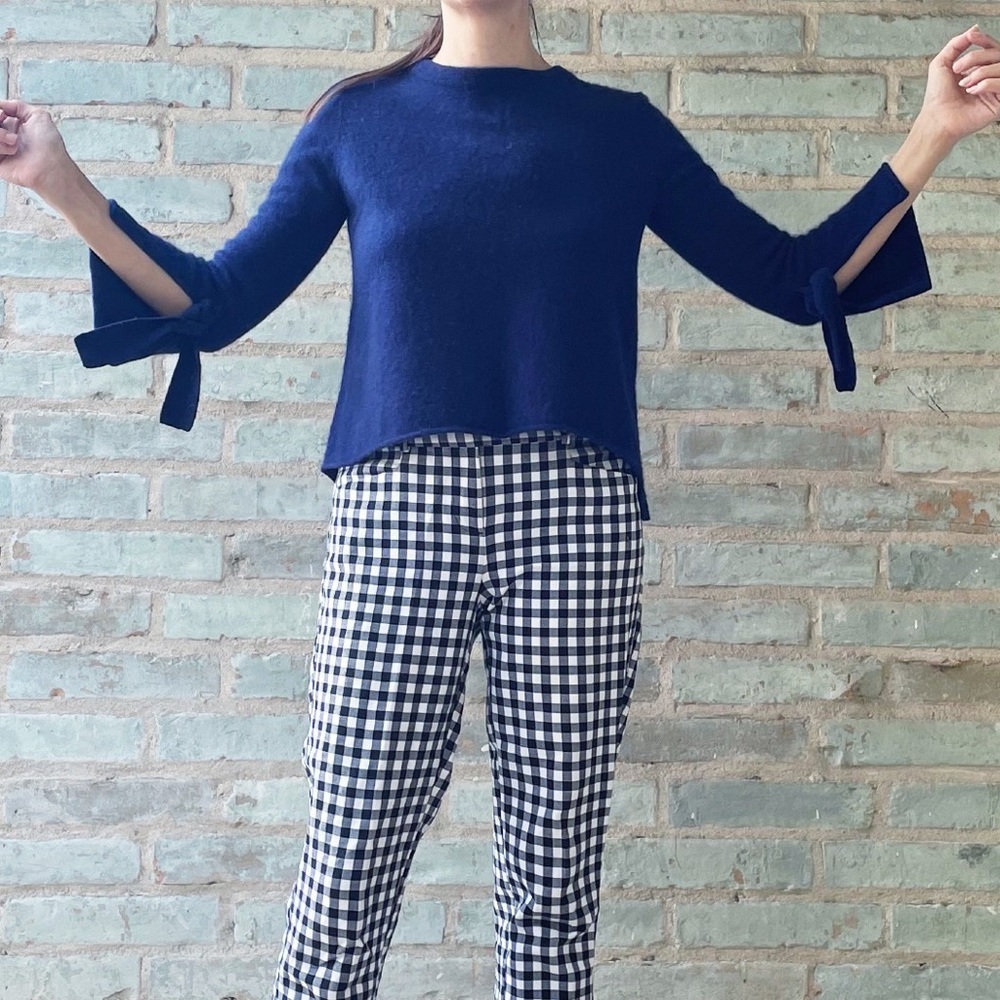 Catherine Malandrino Sweater Navy Blue Cashmere Tie Cuff Crop Boxy Soft Split